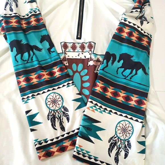 Southwestern Boho Tunic Turquoise Aztec Horse Equestrian V-Neck Long Sleeve 2XL - Picture 5 of 8